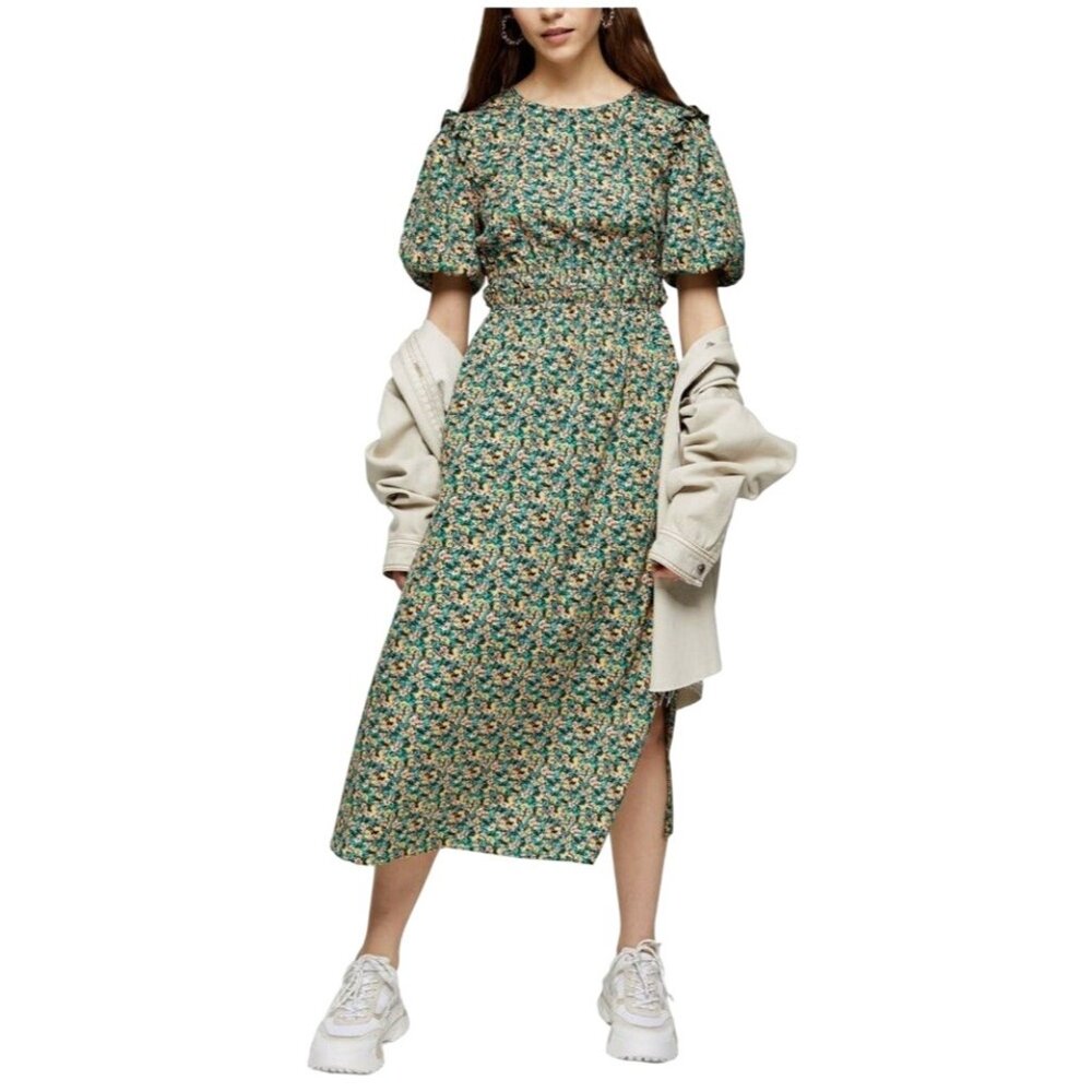 Topshop Women Size US6 Floral Balloon Sleeve Open Back Boho Midi Flare Dress NWT